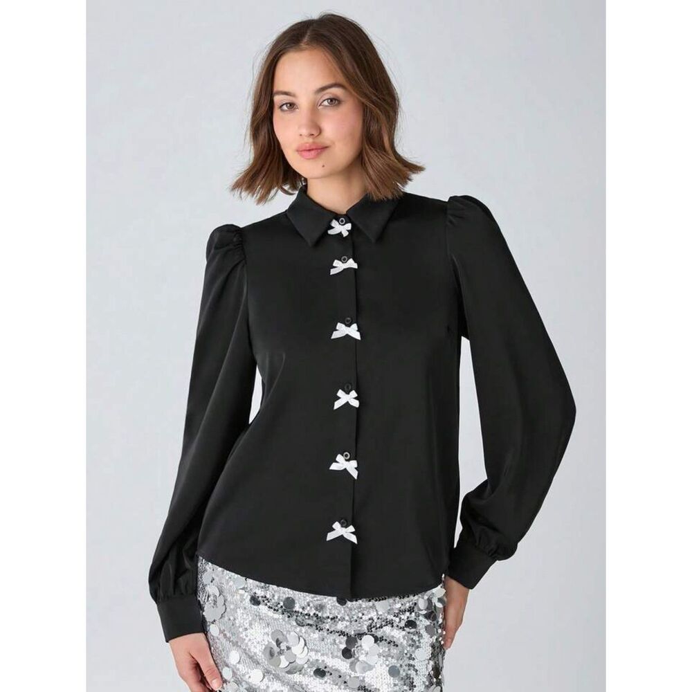 CECE Black Sz Small Business Casual Semi Sheer Long Sleeve White Bow Blouse NEW
